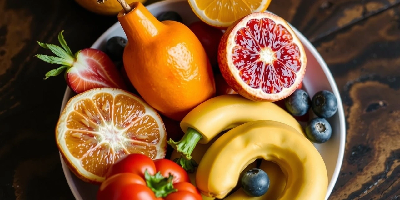 Frutas frescas y coloridas en un plato, simbolizando una dieta rica en vitaminas.