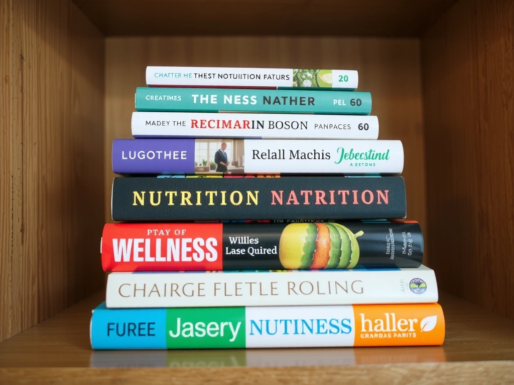 Pila de libros sobre nutrición y bienestar en una estantería, con luz cálida