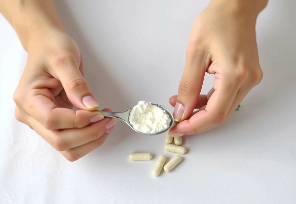 Manos midiendo una pequeña cantidad de polvo de suplemento con una cuchara